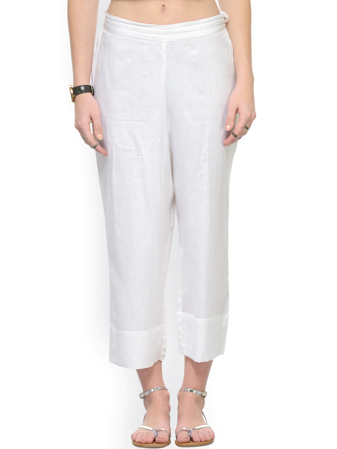 White Rayon Plain Women Pant-40495